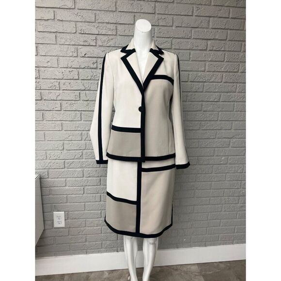 Sandra Petite Women Color Block Skirt Suit Size 4P Jacket / 8P Skirt - Picture 1 of 12